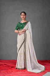 Exquisite White Tussar Silk Bandhani Saree